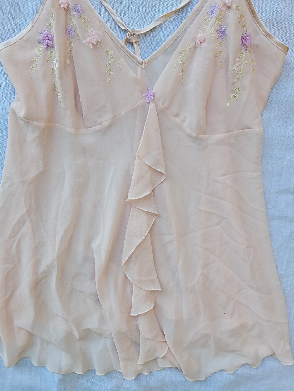 *VINTAGE New Without Tags Sheer Blush Chemise + Panty Floral Embroidery Medium